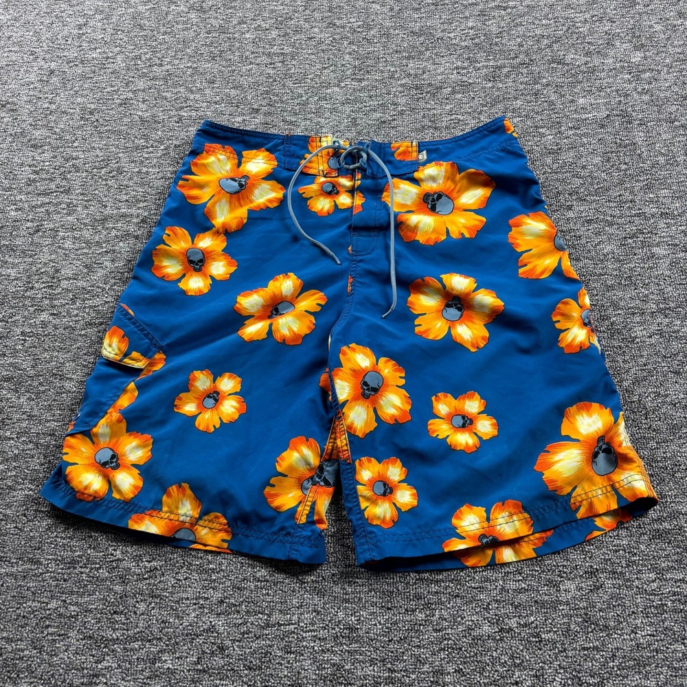 Y2K 2000s Anchor Blue Baggy Skull Floral Board Shorts Blue/Orange Mens 34